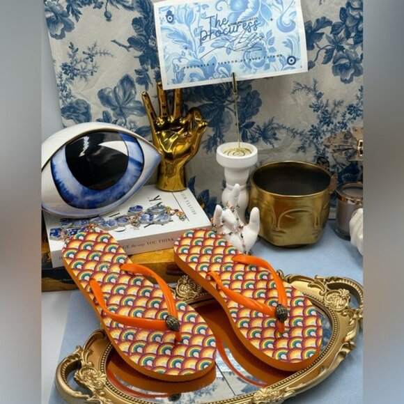 🆕 KURT GEIGER LONDON 🧿 NWOB Kensington Rainbow Flip Flops, Orange - Sz 37 US 7 - Picture 2 of 11